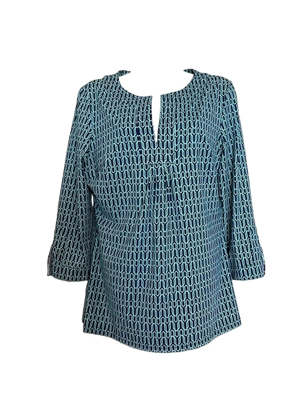 Ellie Kai Womens Size 10 Blouse Top 3/4 Sleeve Split Neck Geometric Teal Navy